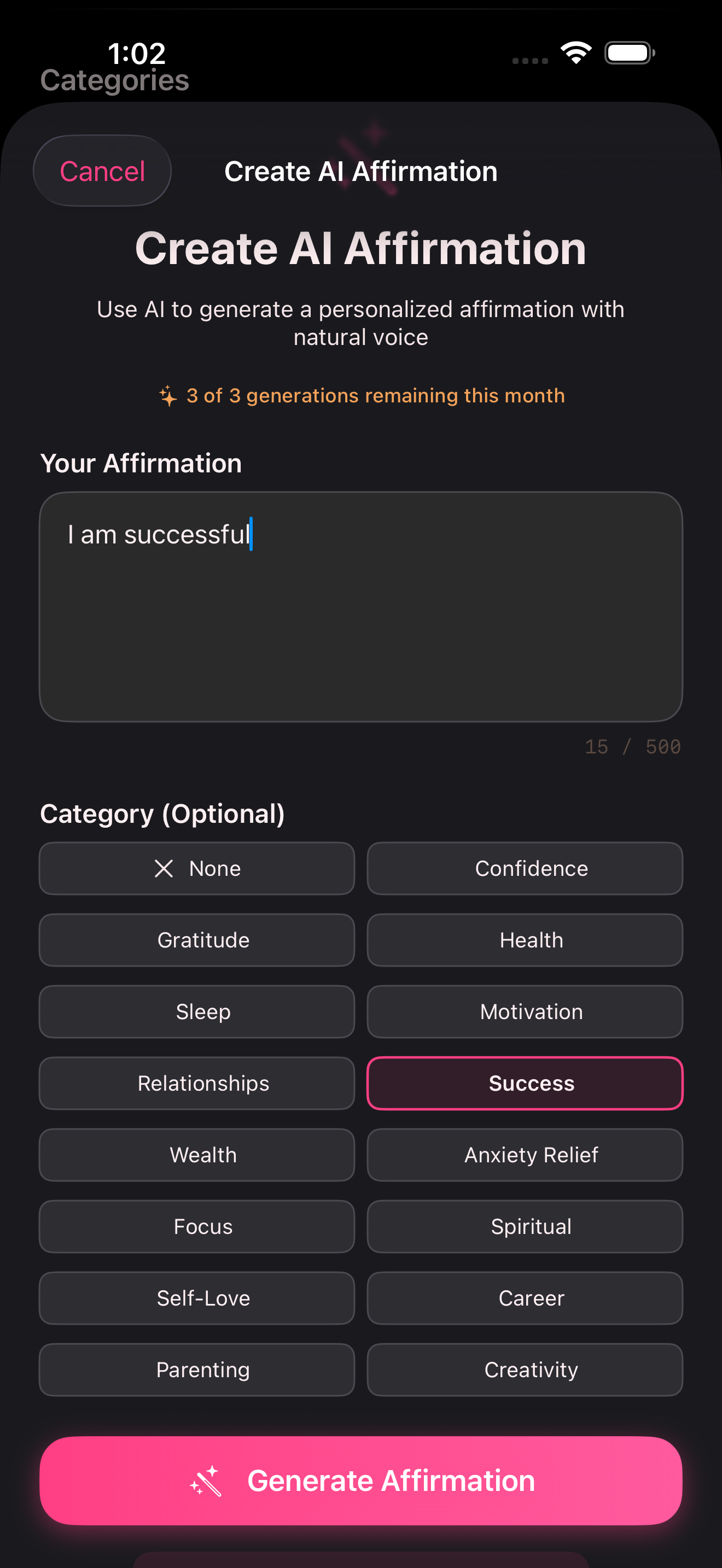 Sova AI Affirmation Creator